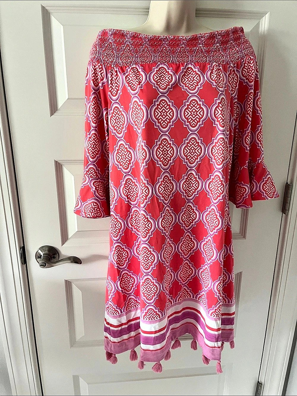 Cabana Life Geometric Tassel Hem Maxi Skirt in Pink & Red Like New